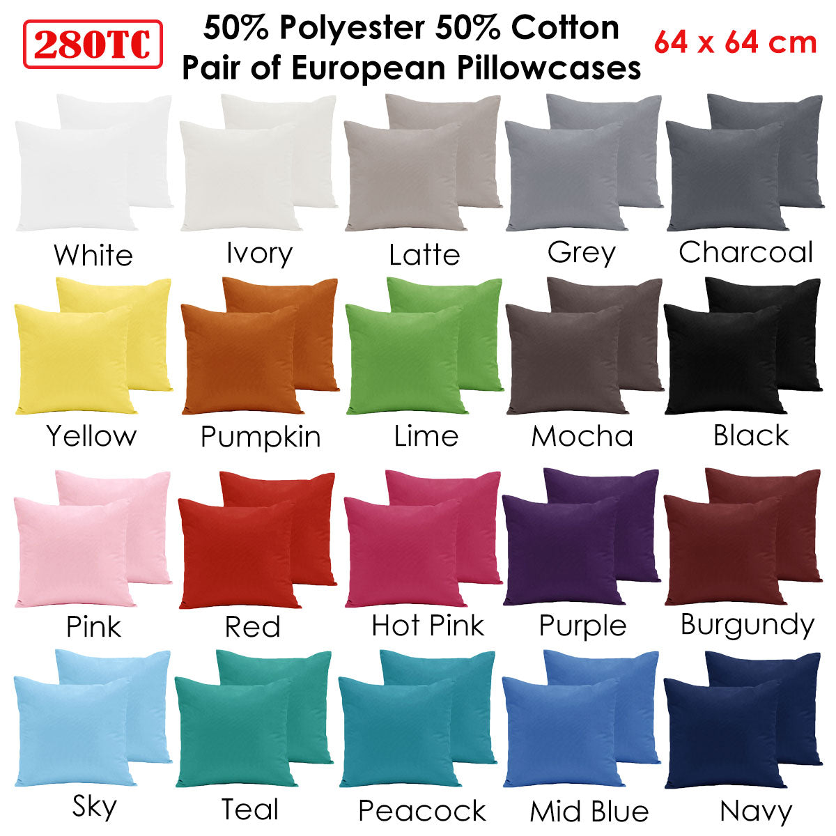 Pair of 280TC Polyester Cotton European Pillowcases HotPink