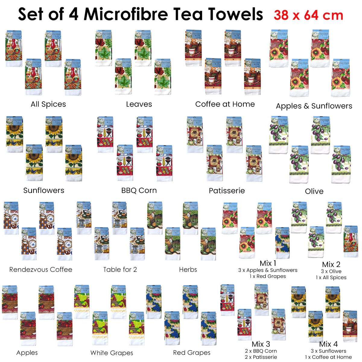 Set of 4 Microfibre Printed Tea Towels All Pieces