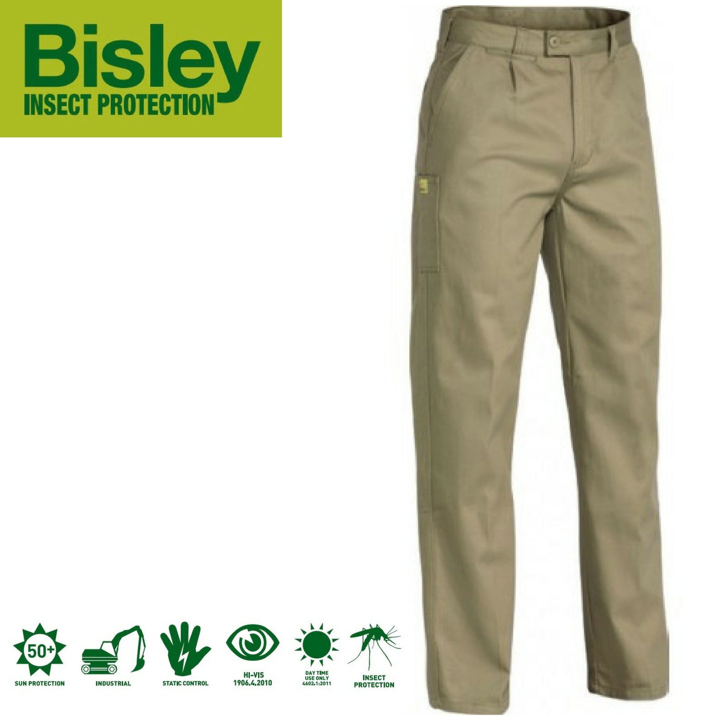 Bisley Mens Insect Protection Drill Work Pants Trousers - Khaki-1
