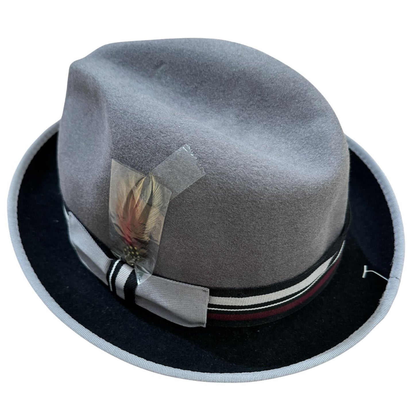 100% Wool Trilby Hat in Grey/Black with Feather-2
