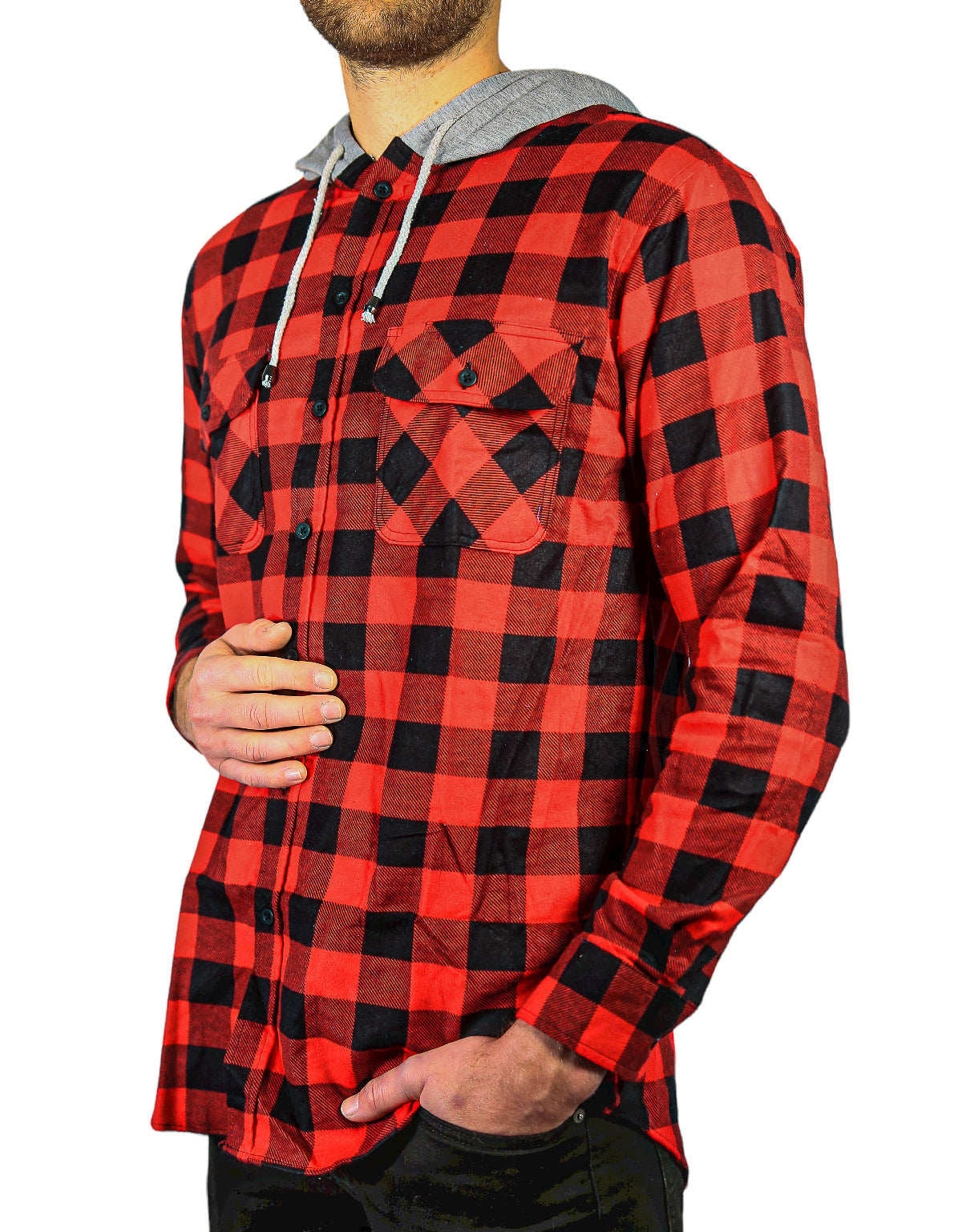 Mens Cotton Flannelette Shirt w Jersey Hood Long Sleeve Flannel - Red/Black-4