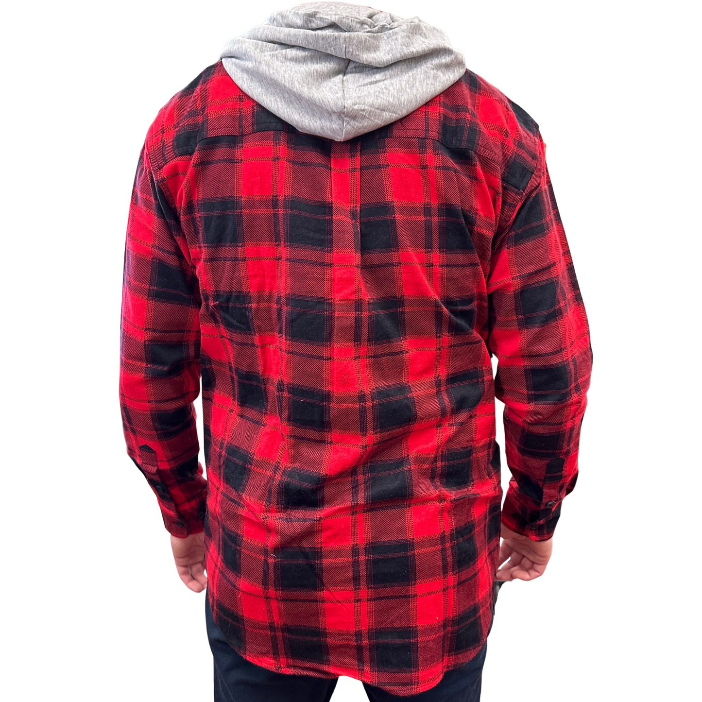 Mens Cotton Flannelette Shirt w Jersey Hood Long Sleeve Flannel - Red-3