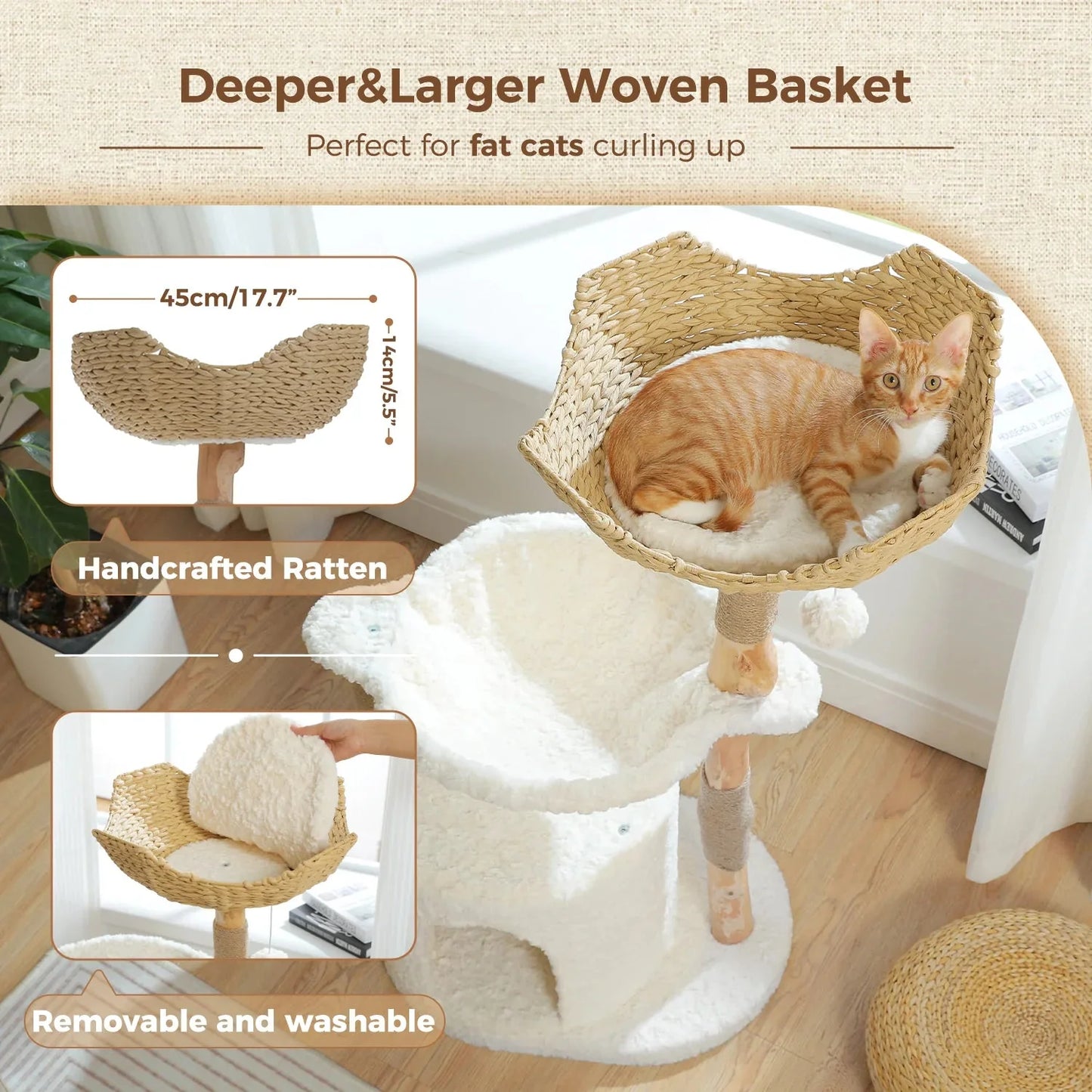 Plush 105cm Real Wood Cat Tree in White Cloud-4