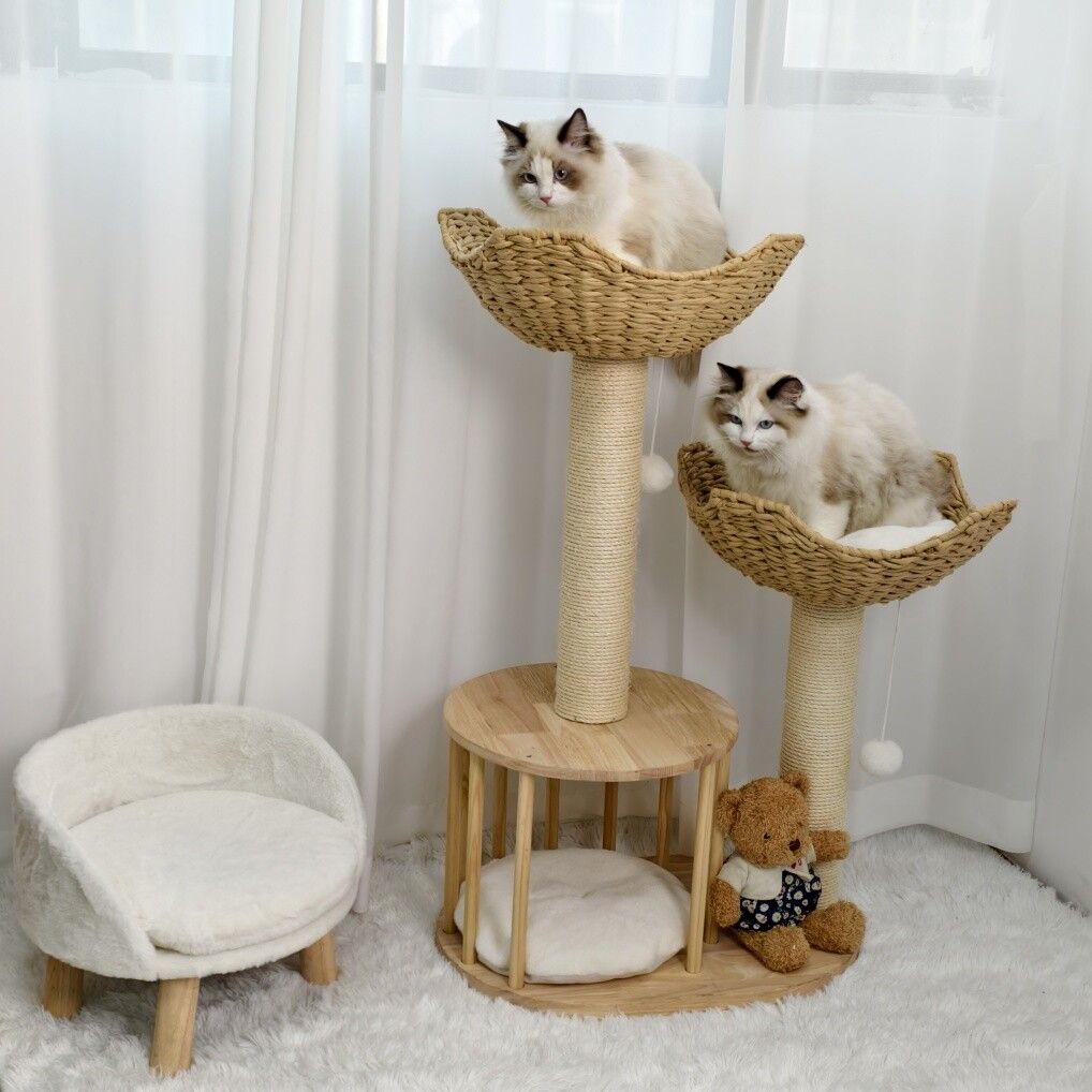 Wooden Rattan Cat Tree Tower Large with Open Condo Bed-1