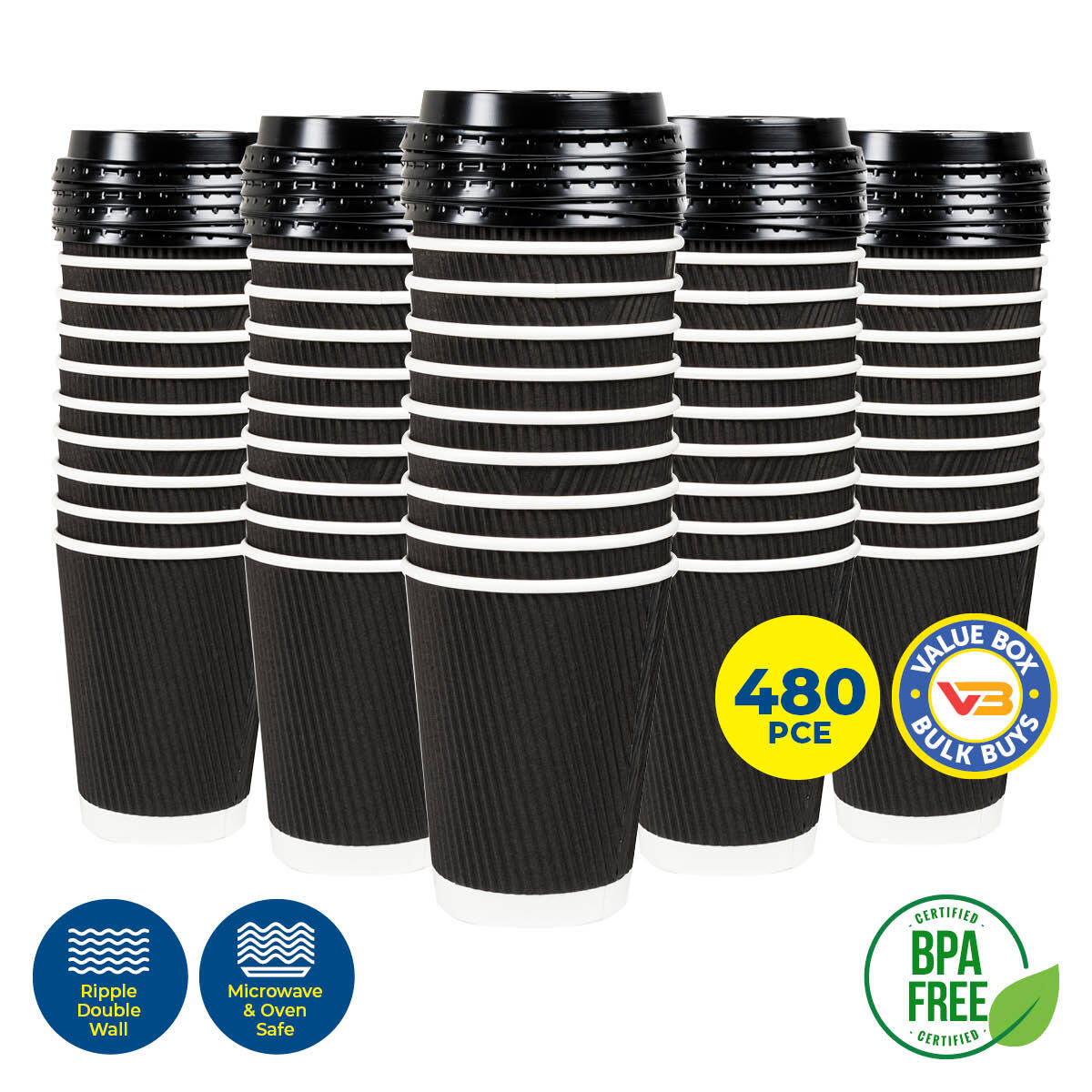 Party Central 480PCE Disposable Coffee Cups & Lids Microwave Safe 230ml