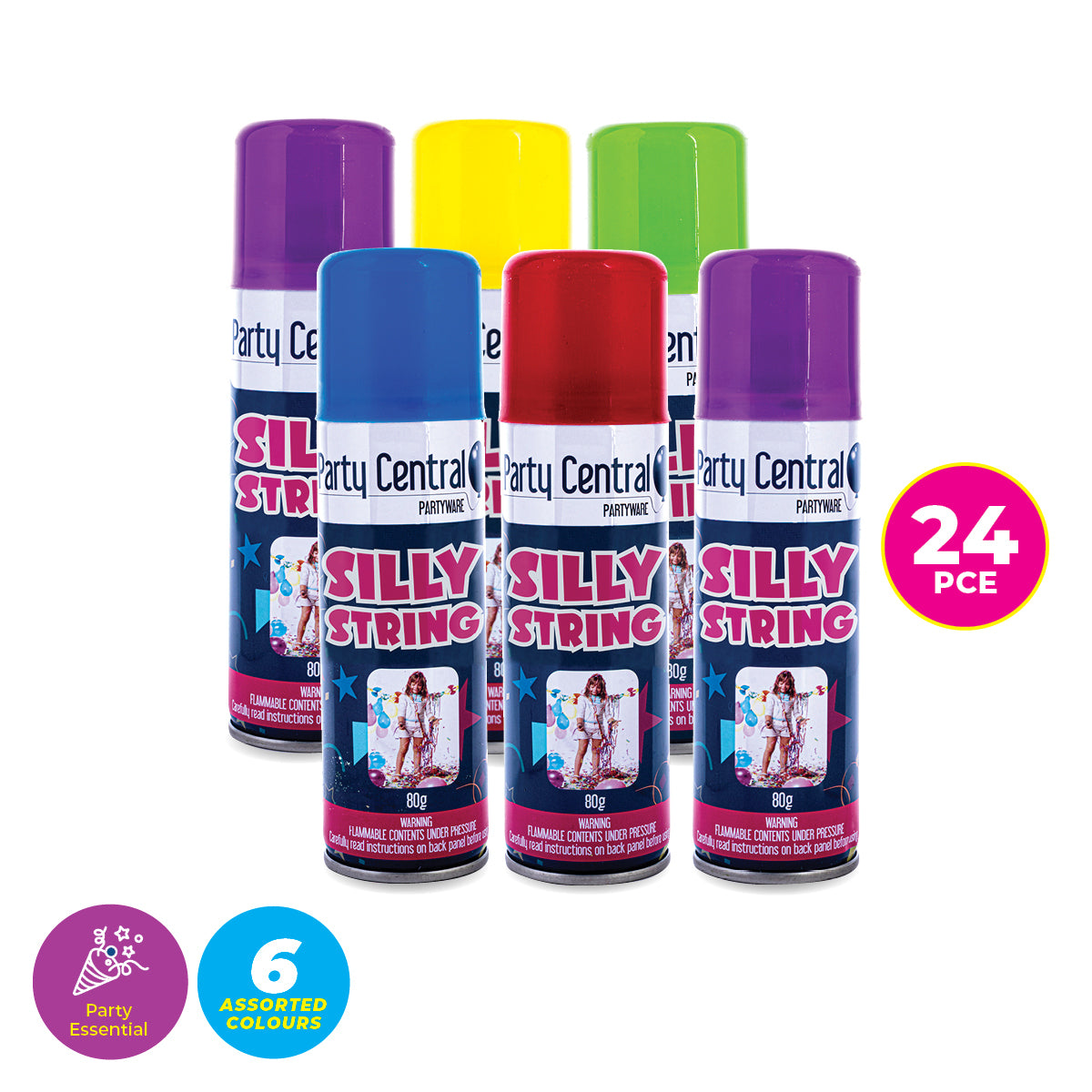 Party Central 24PCE Silly String Assorted Colours Non-Flammable 80g