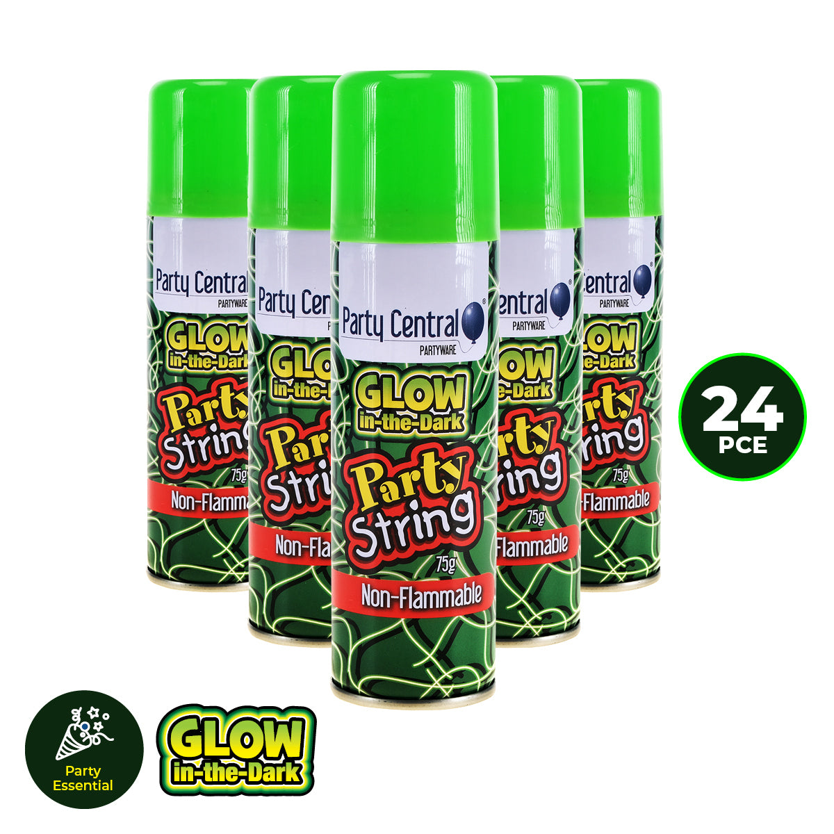 Party Central 24PCE Glow In The Dark Silly String Cans Non-Flammable 75g