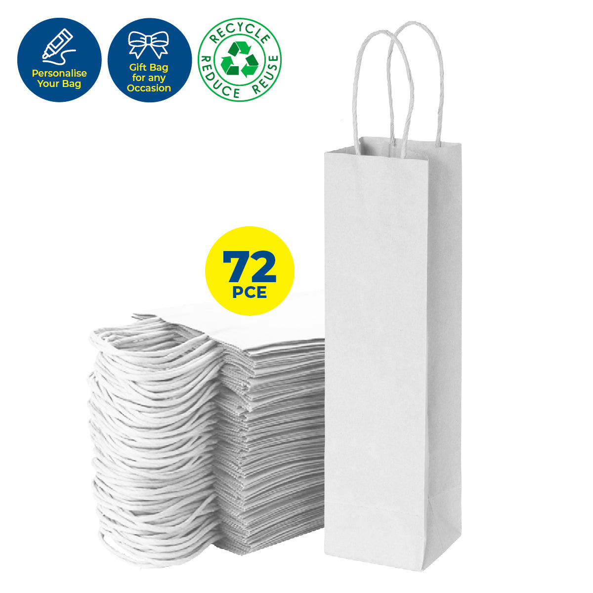Party Central 72PCE Gift/Craft Paper Bottle Bags White Reusable 12 x 35cm