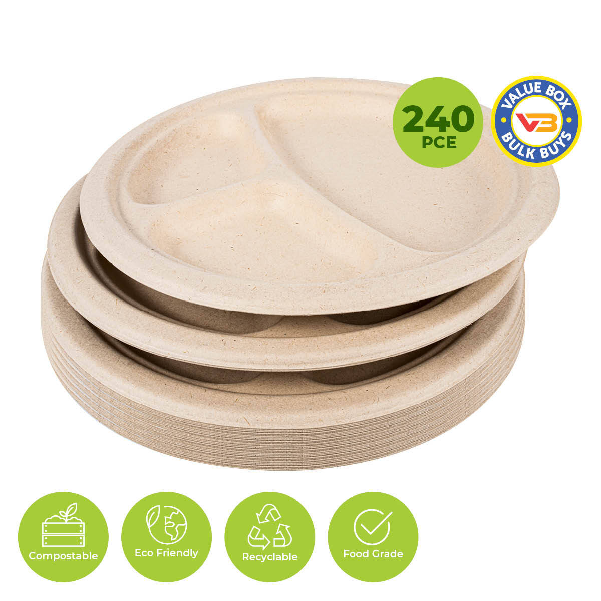 Party Central 240PCE 3 Section Plate Eco-Friendly Recyclable Durable 22.5cm