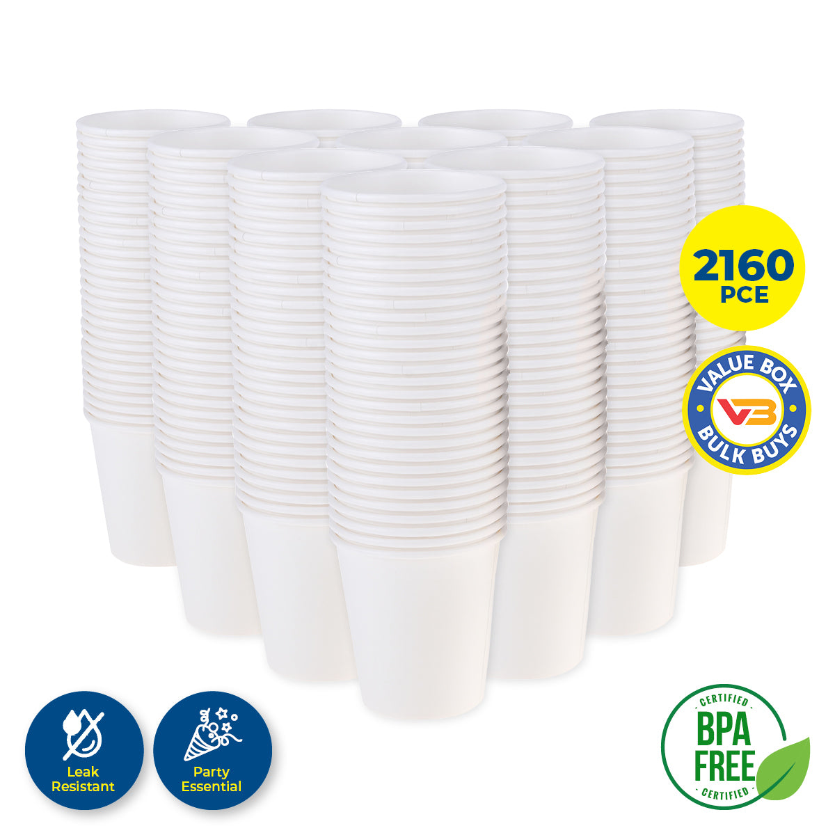 Party Central 2160PCE White Paper Cups Disposable Leak Resistant 200ml