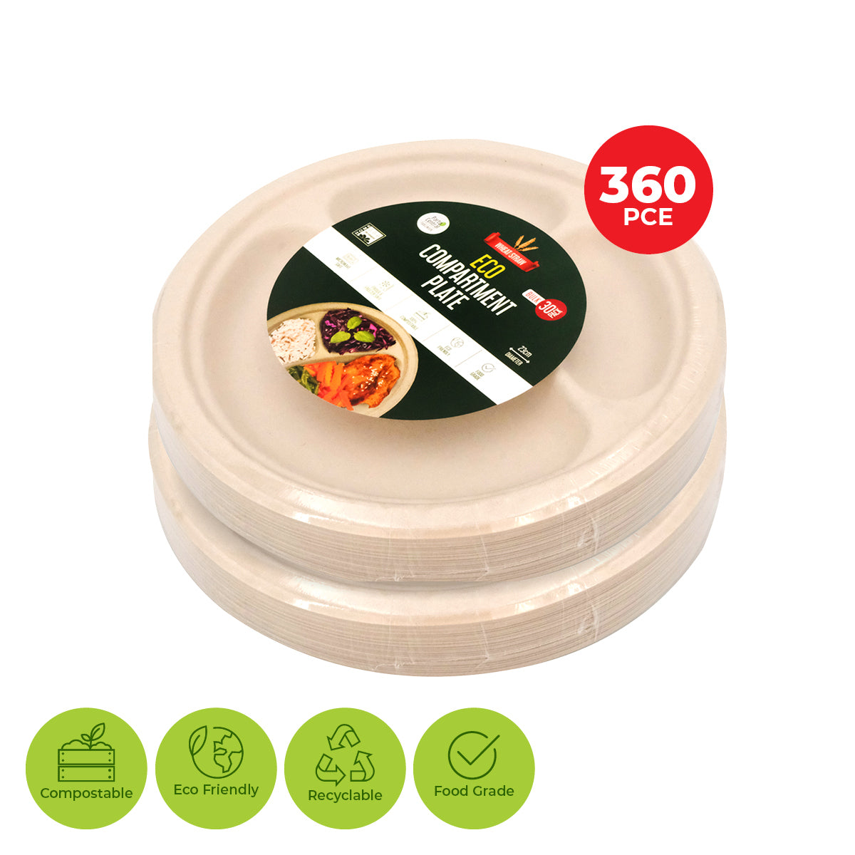 Party Central 360PCE Dinner Plates 3 Sections Eco-Friendly Disposable 23cm