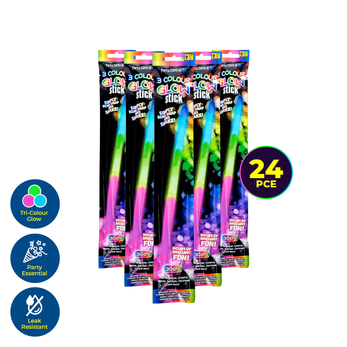 Party Central 24PCE Glow Sticks Tri-Colours Jumbo Size Long Lasting 30cm