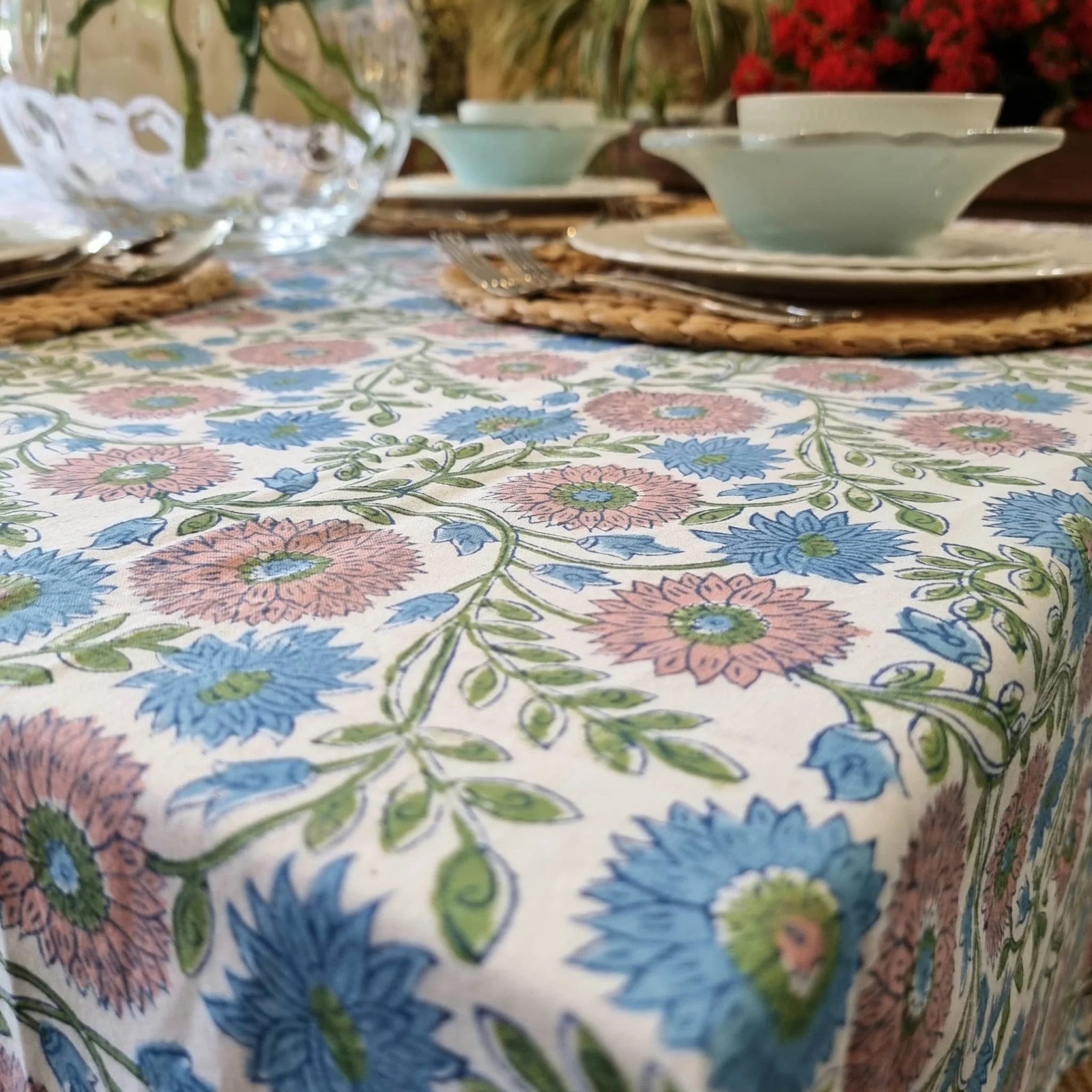 Kolka Kumudani Hand Block-Printed Tablecloth - Pink-3