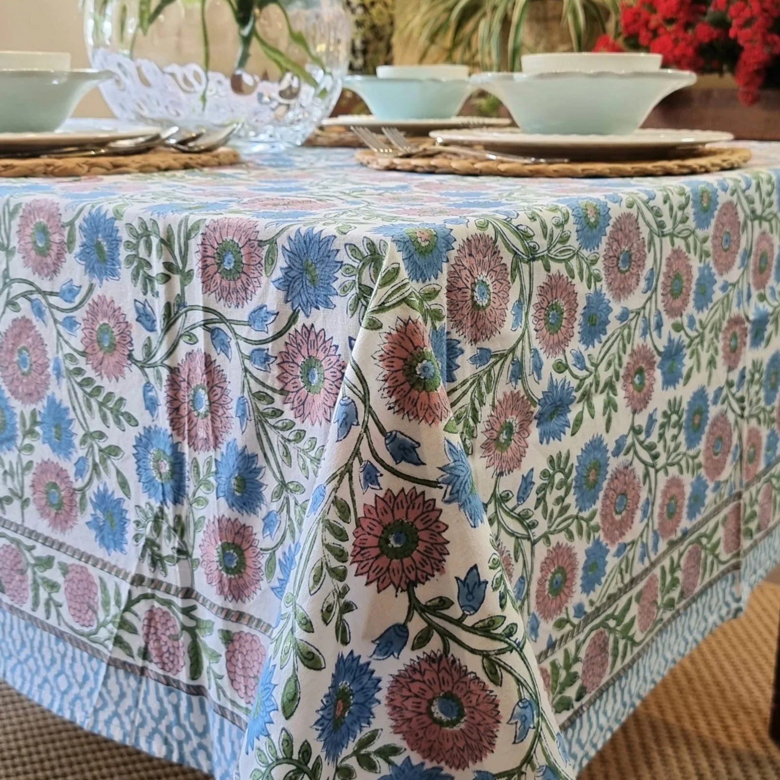 Kolka Kumudani Hand Block-Printed Tablecloth - Pink-2