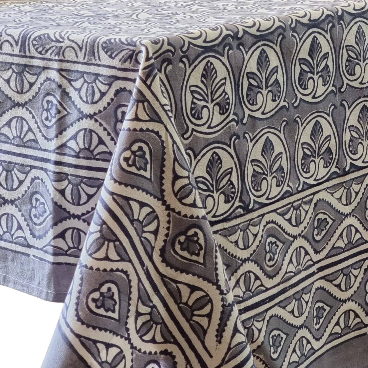 Kolka Lotus Handle Block-Printed Simple Dining Table Tablecloth - Grey-0