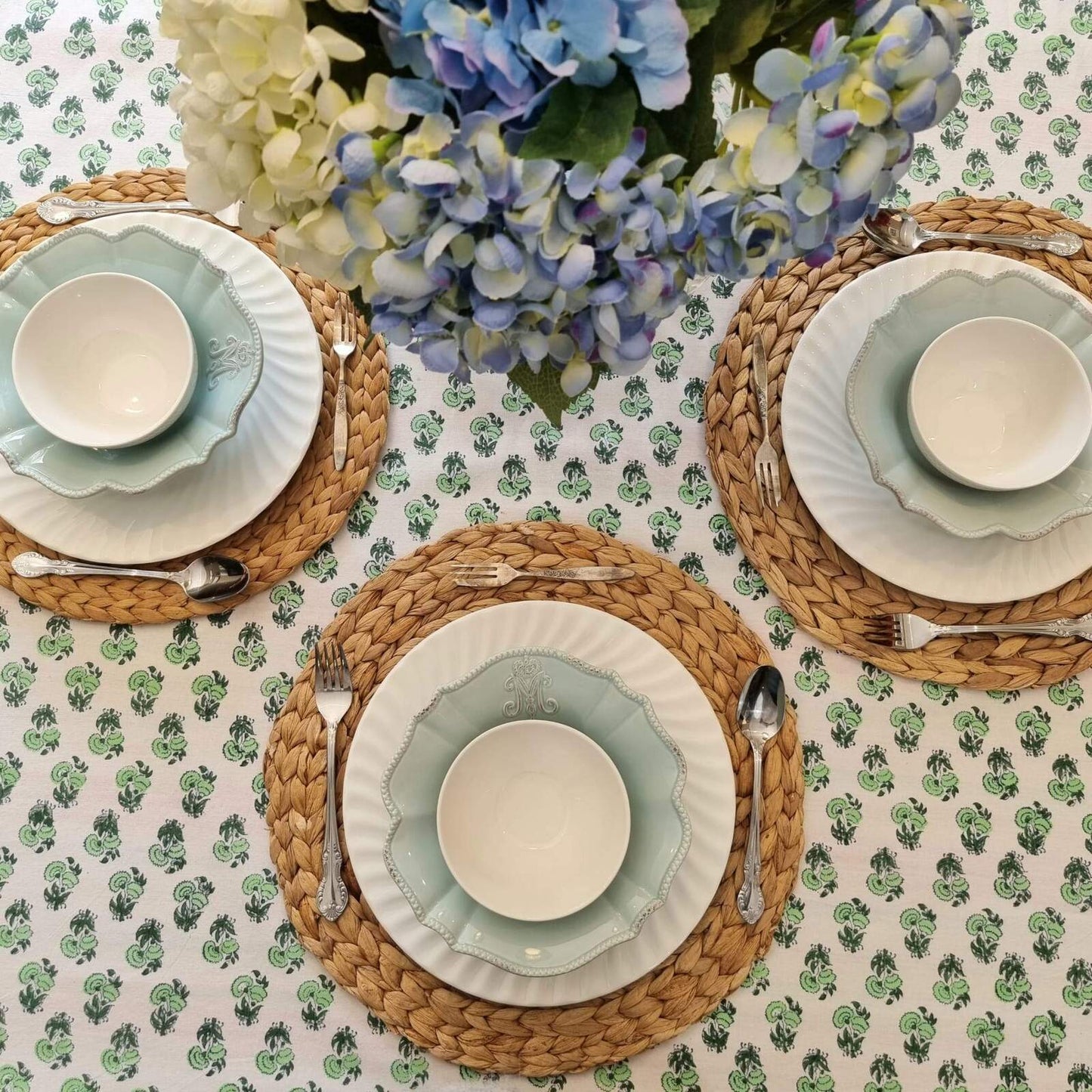 Kolka Rosemary Hand Block-Printed Cotton Tablecloth - Green-1