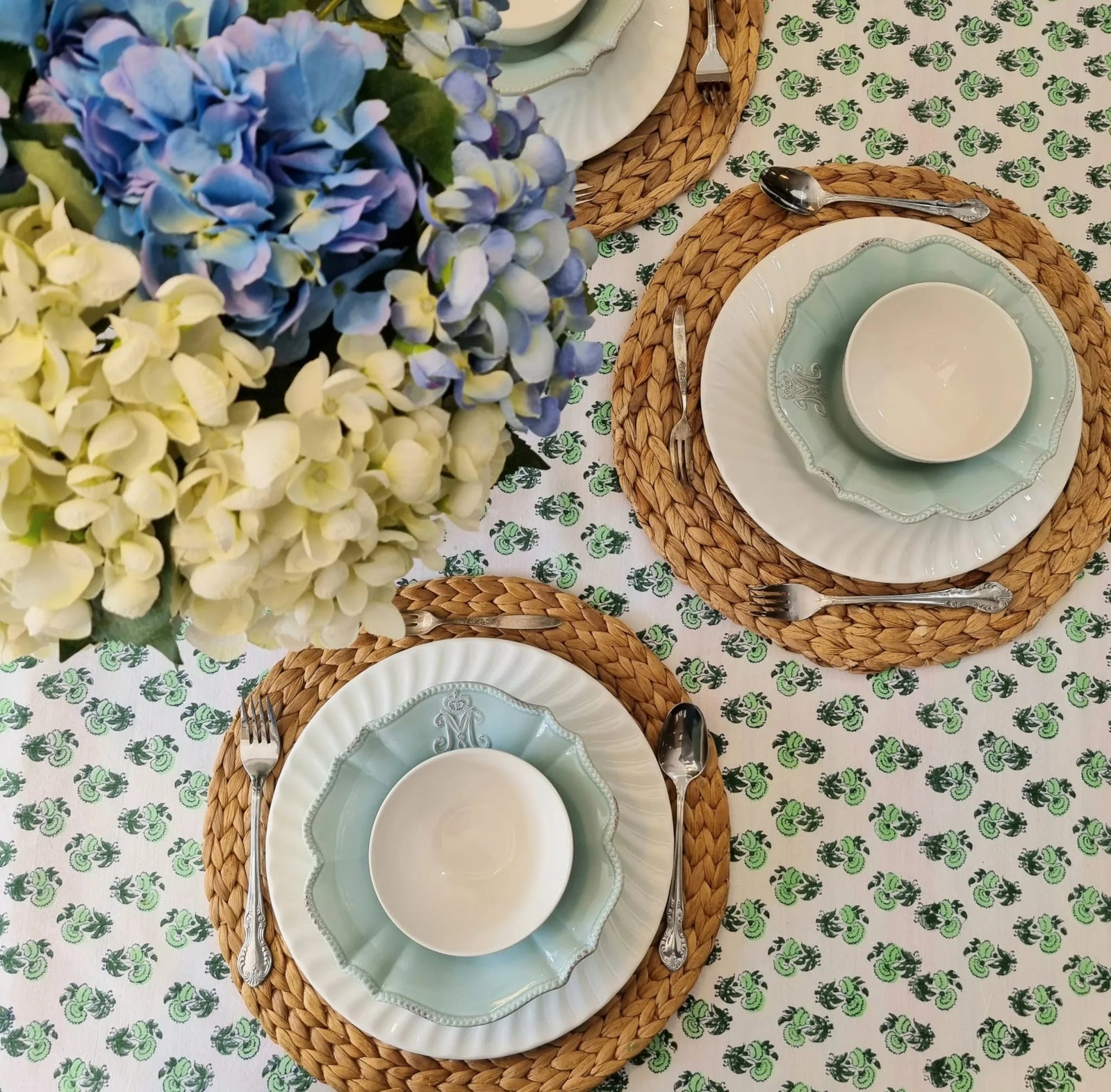 Kolka Rosemary Hand Block-Printed Cotton Tablecloth - Green-4