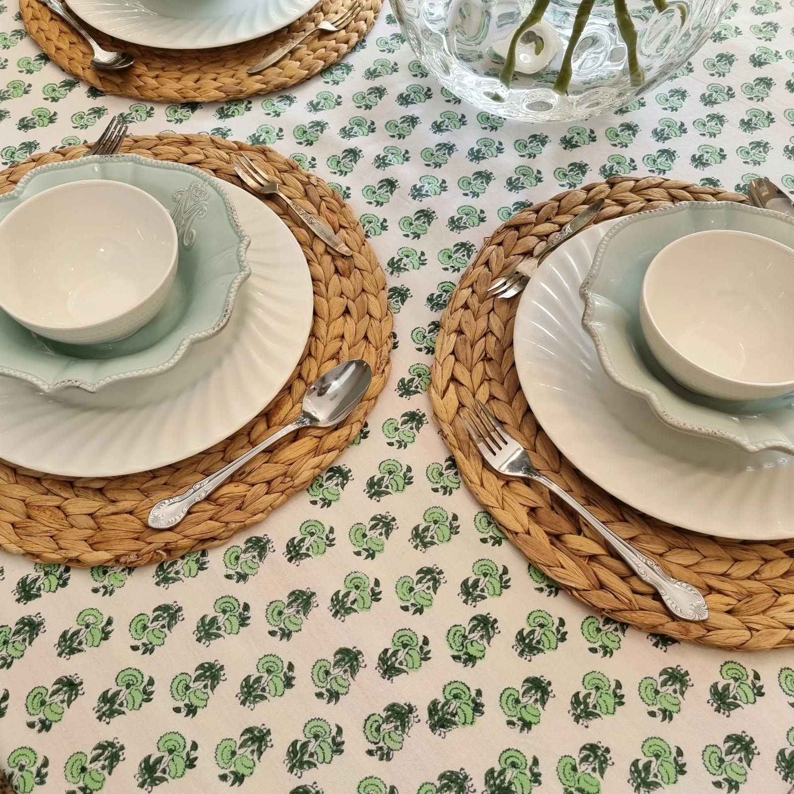 Kolka Rosemary Hand Block-Printed Cotton Tablecloth - Green-3