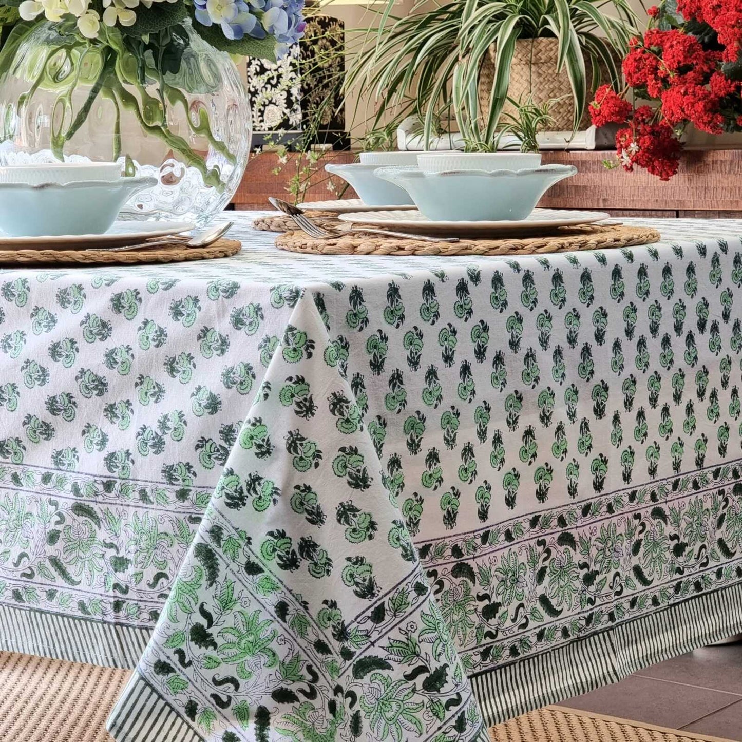 Kolka Rosemary Hand Block-Printed Cotton Tablecloth - Green-2