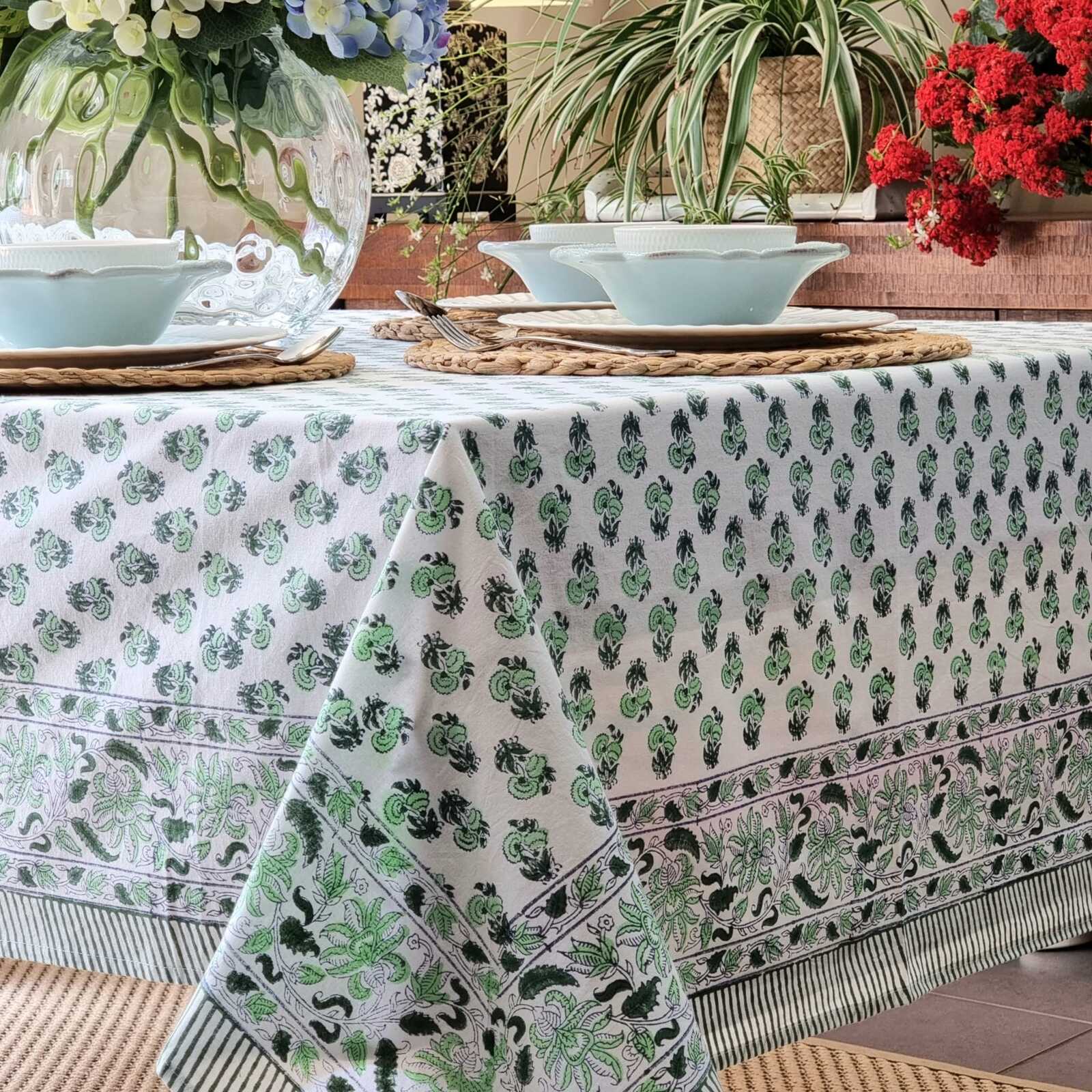 Kolka Rosemary Hand Block-Printed Cotton Tablecloth - Green-2