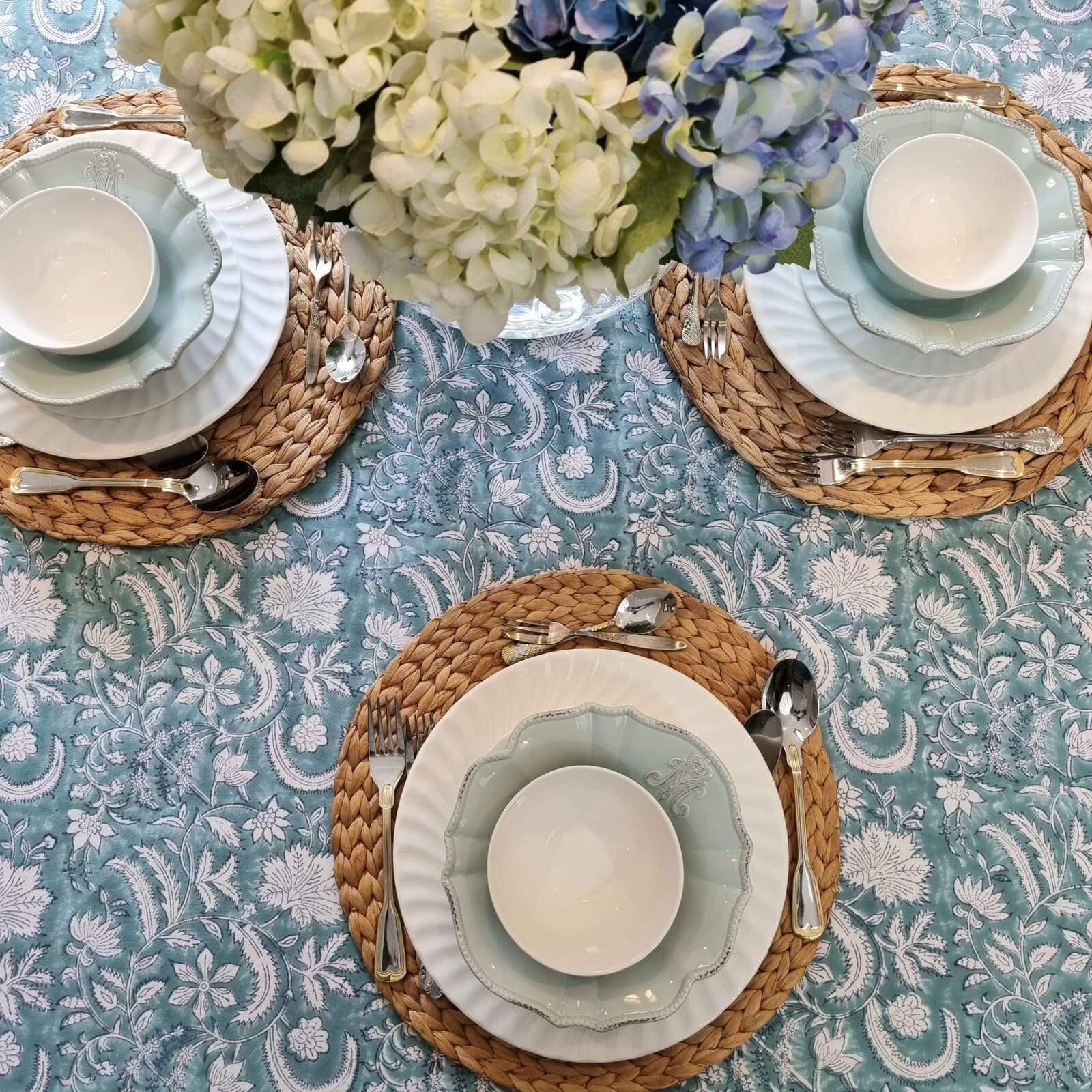 Kolka Poppy Hand Block-Printed and Screen-Printed Textiles Tablecloth - Blue-1