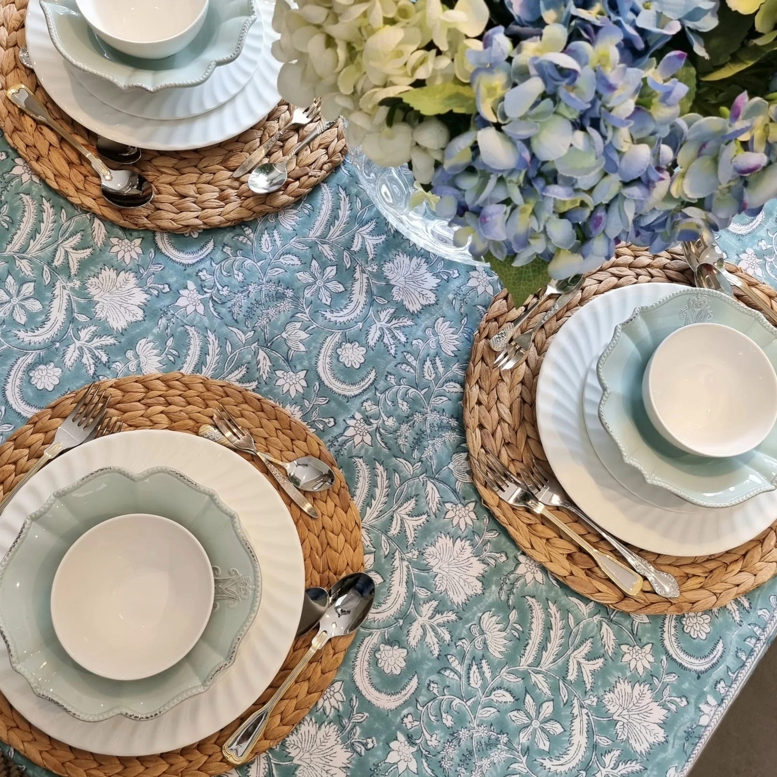 Kolka Poppy Hand Block-Printed and Screen-Printed Textiles Tablecloth - Blue-3