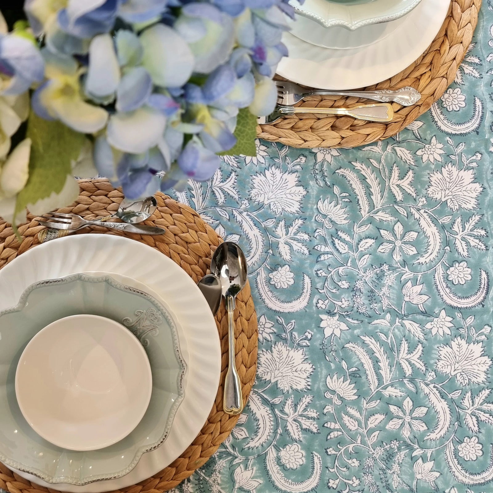 Kolka Poppy Hand Block-Printed and Screen-Printed Textiles Tablecloth - Blue-2