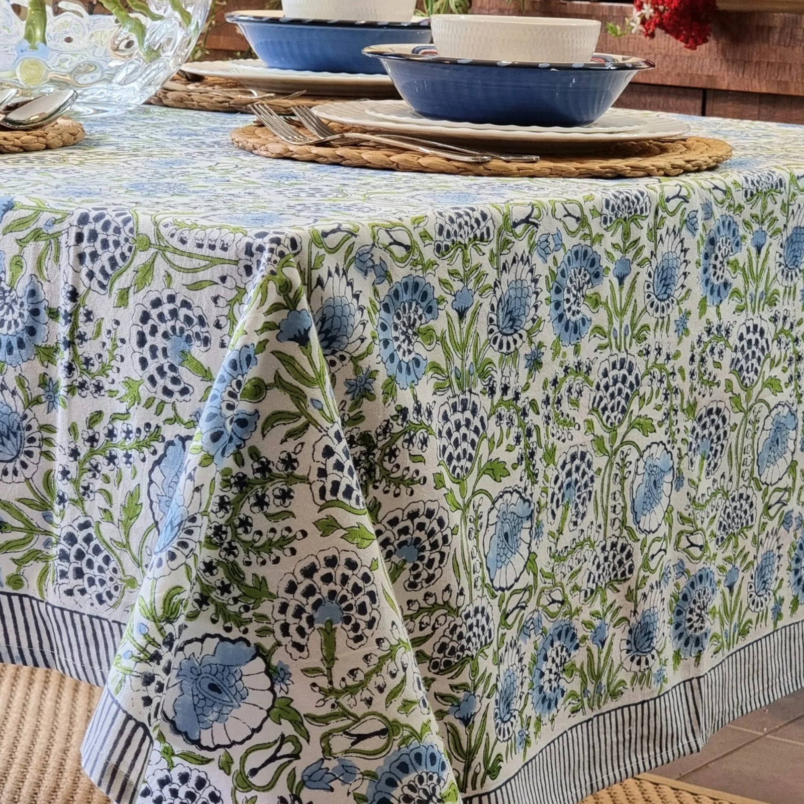Kolka Senetti Hand Block-Printed & Sreen-Printed Textiles Tablecloth - Green-2