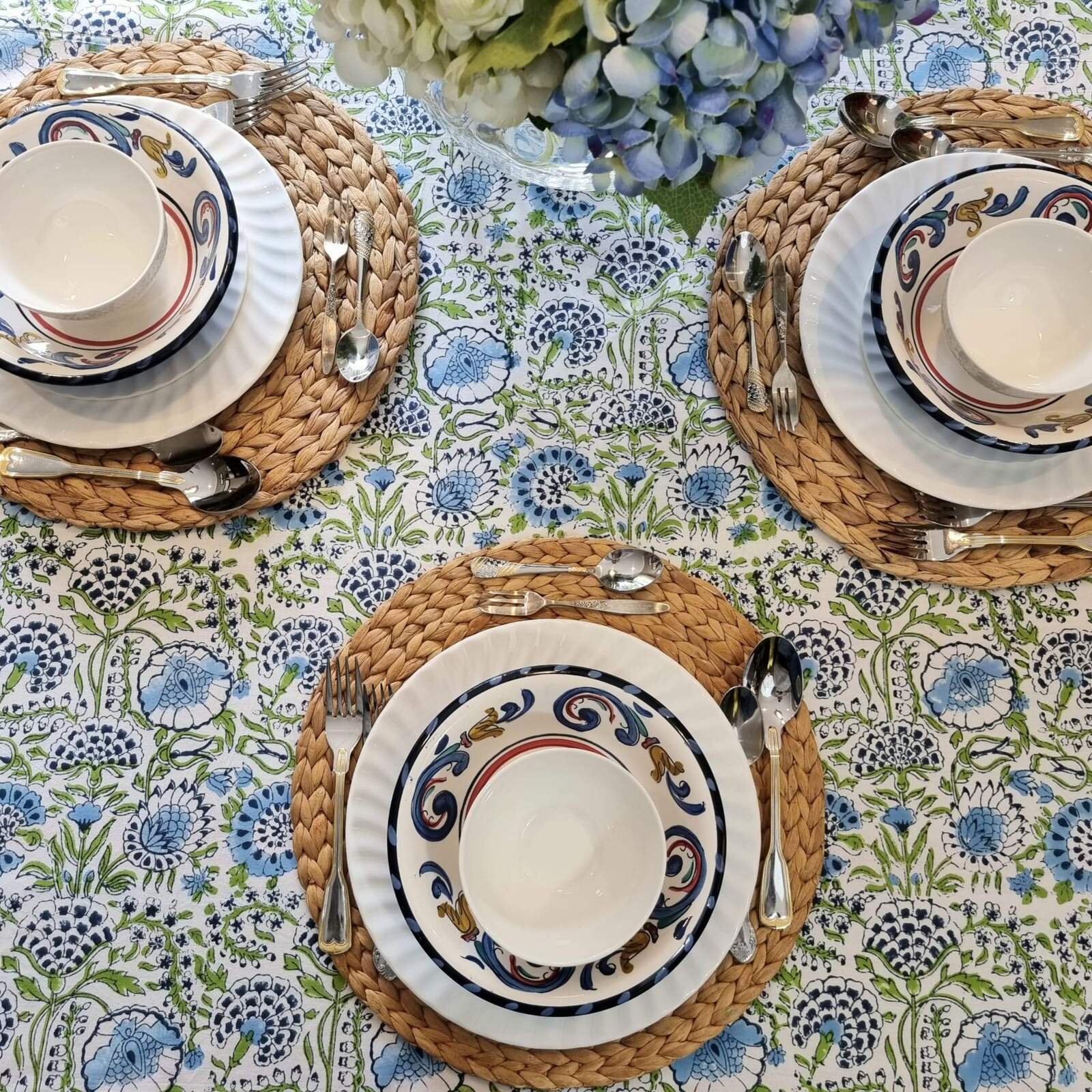 Kolka Senetti Hand Block-Printed & Sreen-Printed Textiles Tablecloth - Green-1
