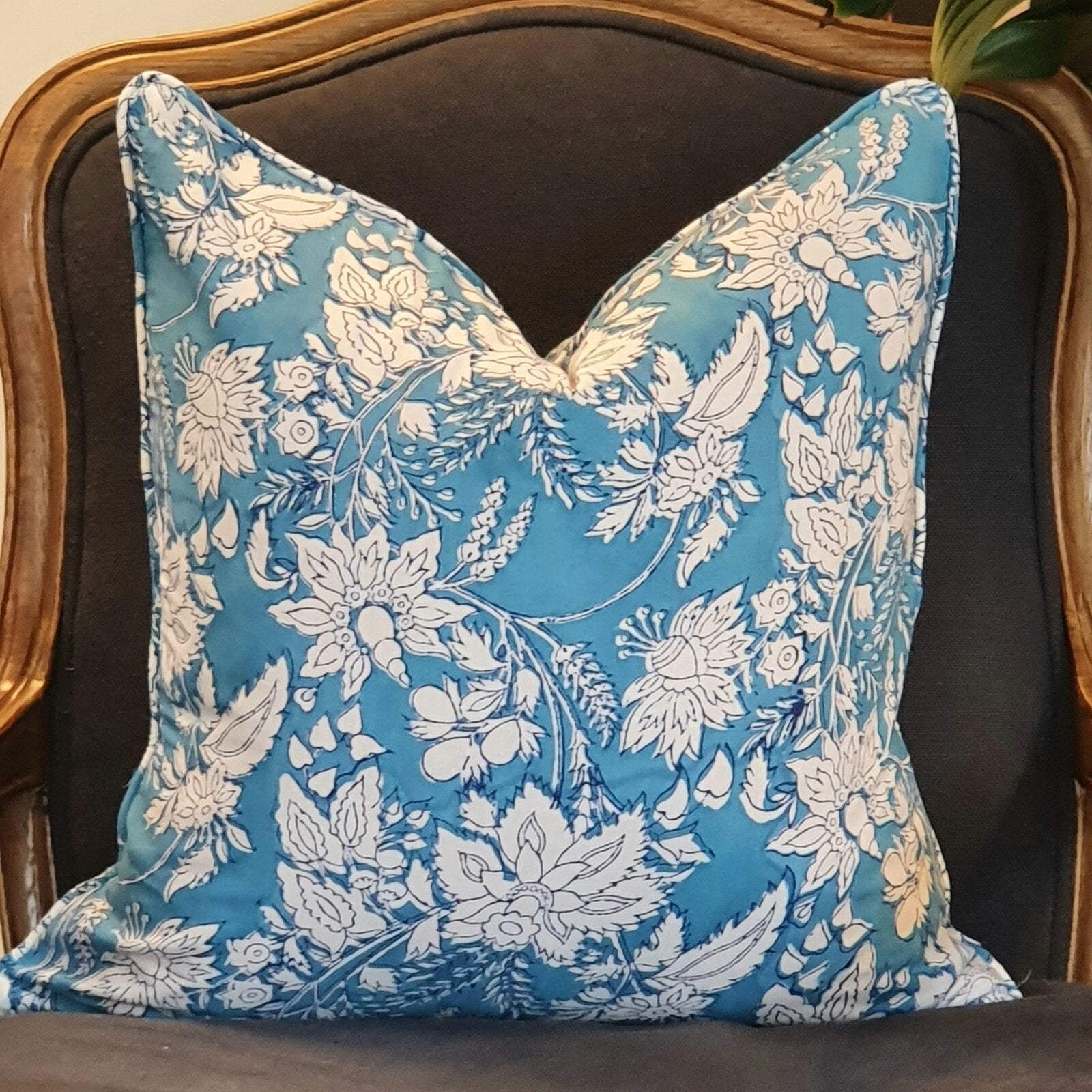Kolka Blue Hamptons Soft Cotton Voile Decorative Block-Printed Cushion - Blue-1