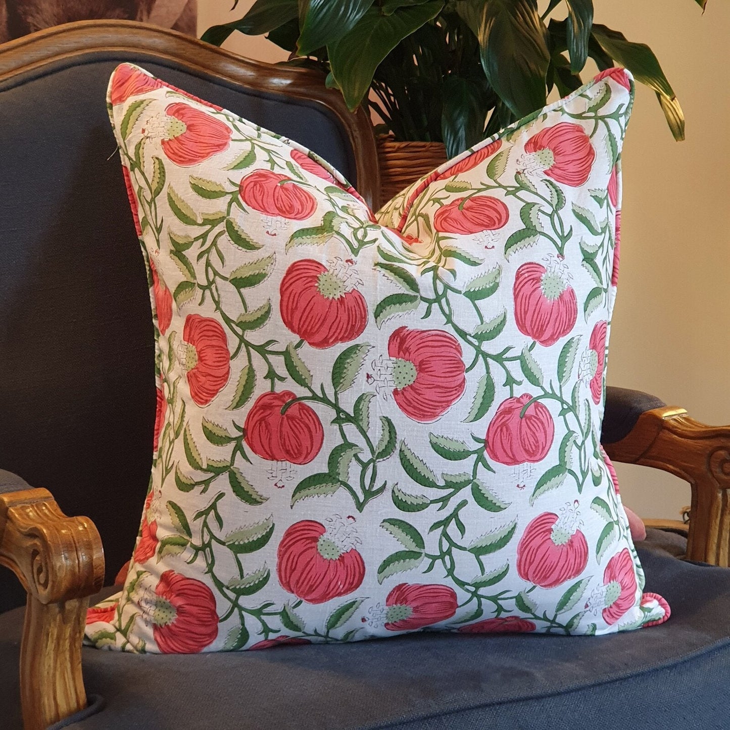 Kolka Pomegranate Soft Cotton Voile Decorative Hand Block-Printed Cushion - Ruby-1