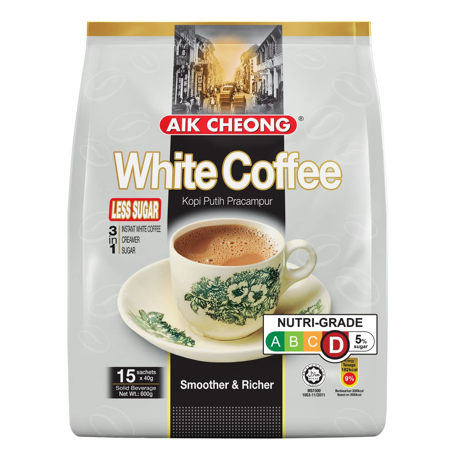 Aik Cheong White Instant Coffee 40g Sachets (Pack of 15) - Less Sugar (600g Total)-1