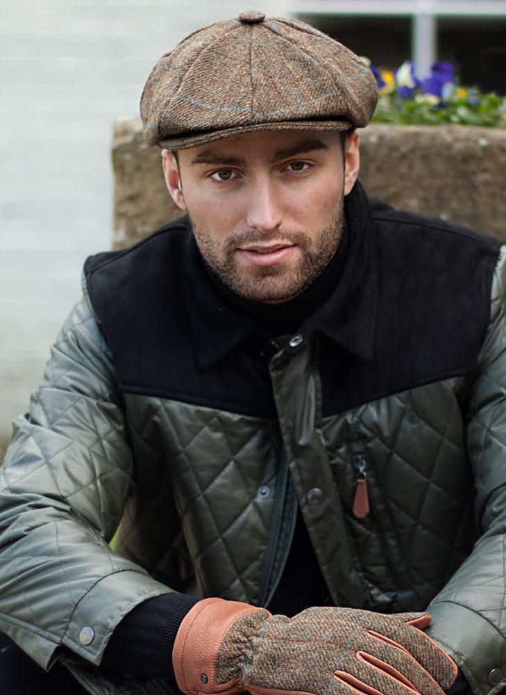 Dents Mens Abraham Moon Check Tweed Newsboy Cap - Chestnut-3