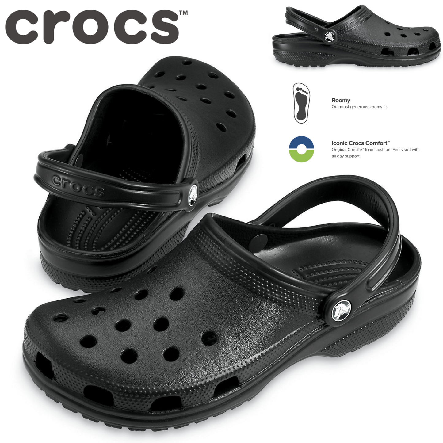 Crocs Classic Clogs Roomy Fit Sandal Clog Sandals Slides Waterproof - Black-1