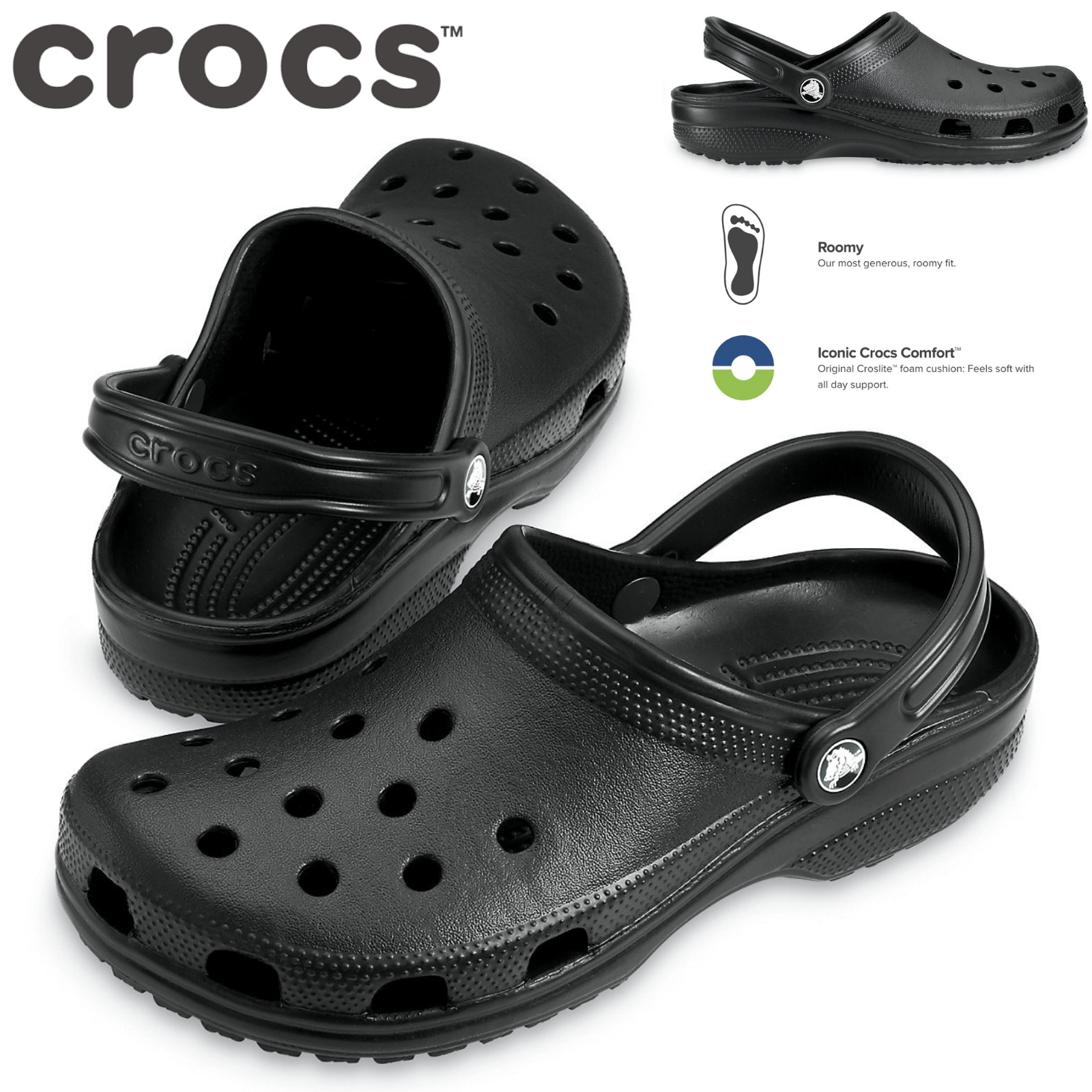 Crocs Classic Clogs Roomy Fit Sandal Clog Sandals Slides Waterproof - Black-1