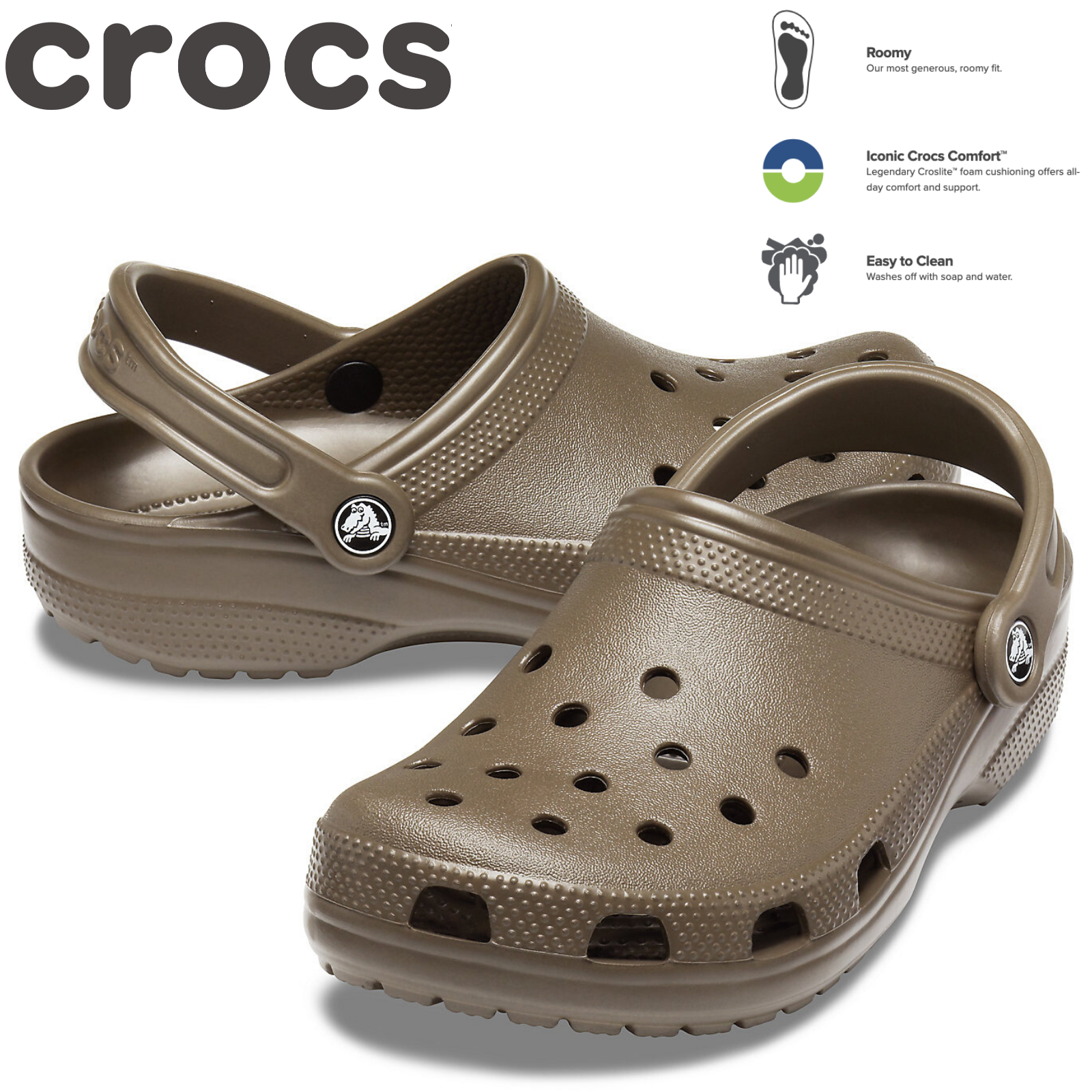 Crocs Classic Clogs Roomy Fit Sandal Clog Sandals Slides Waterproof - Chocolate-1
