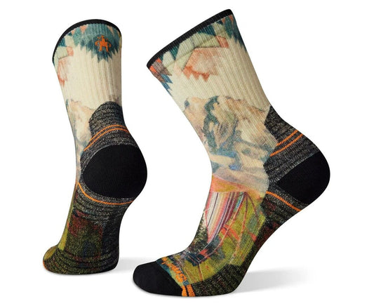 Smart Wool Womens Hike Light Cushion Mountain Print Crew Sock Small in Natural-0