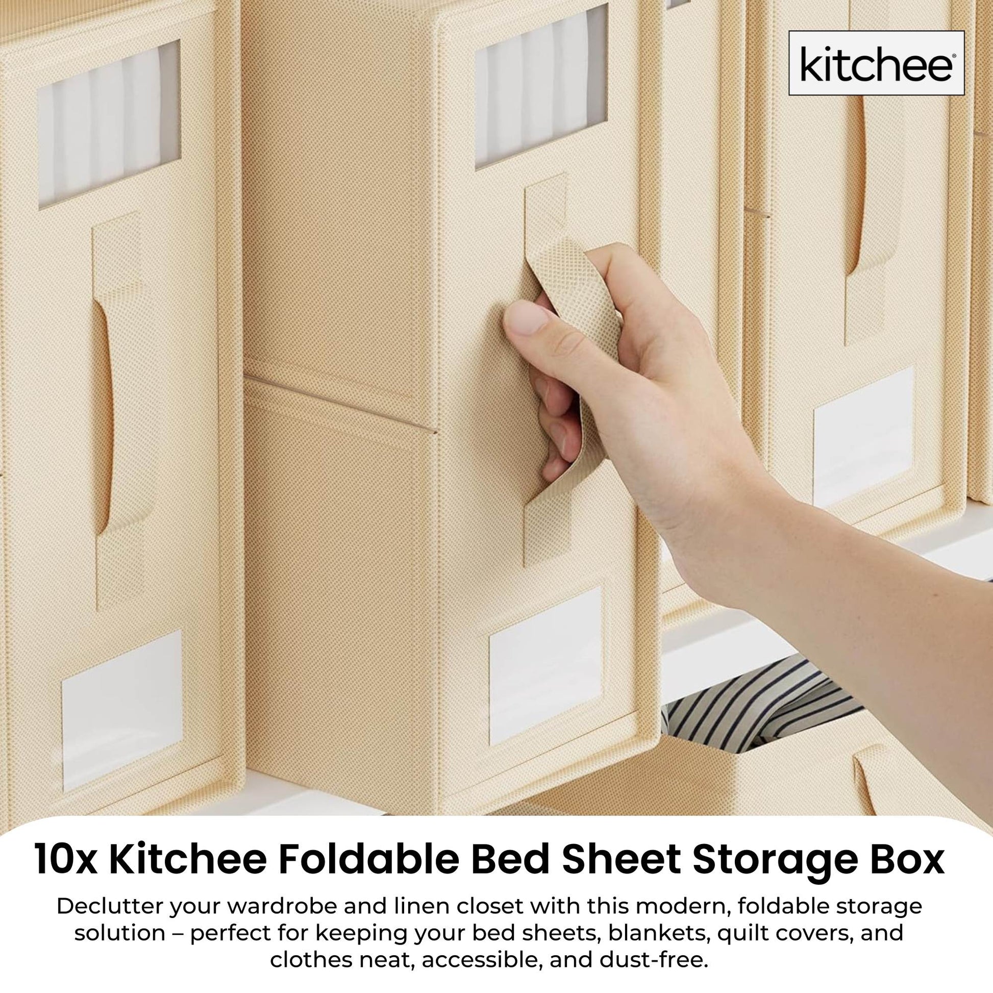10x Kitchee Foldable Bed Sheet Storage Box – Linen & Closet Organiser Beige-1