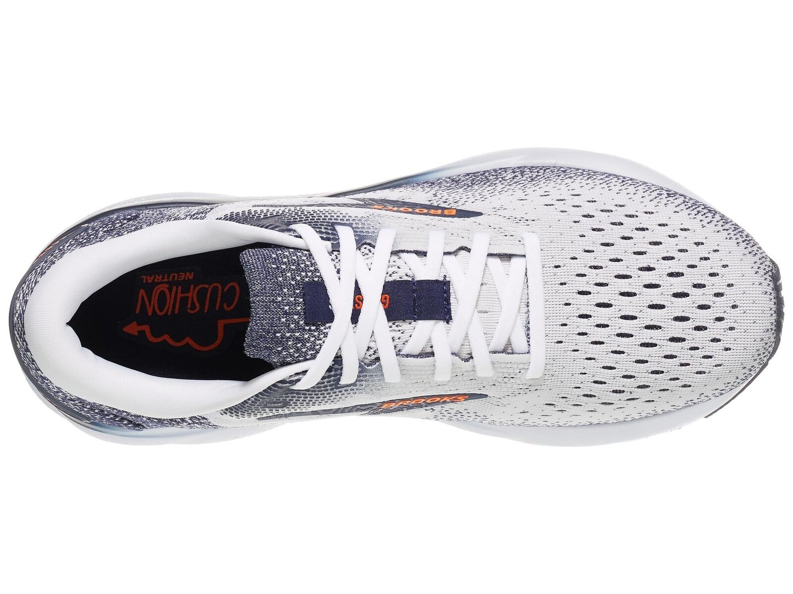 Mens Brooks Ghost 16 Running Shoes in White/Peacoat/Orange – Size 8.5-4