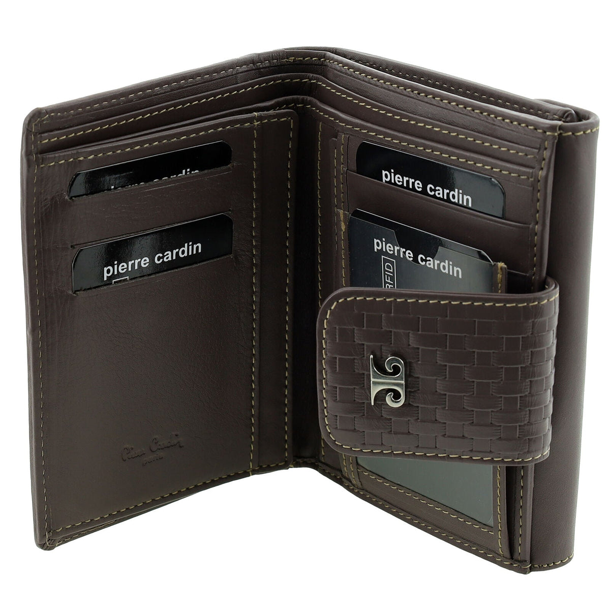 Pierre Cardin Steel Woven Leather Mens Bi-Fold Wallet w/ RFID Protection in Steel Brown