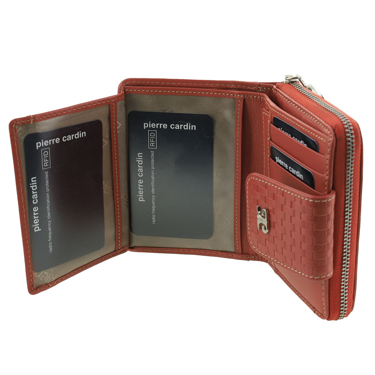 Pierre Cardin Woven Leather Zip-Around Bi-Fold Wallet with RFID Protection in Tobasco Red