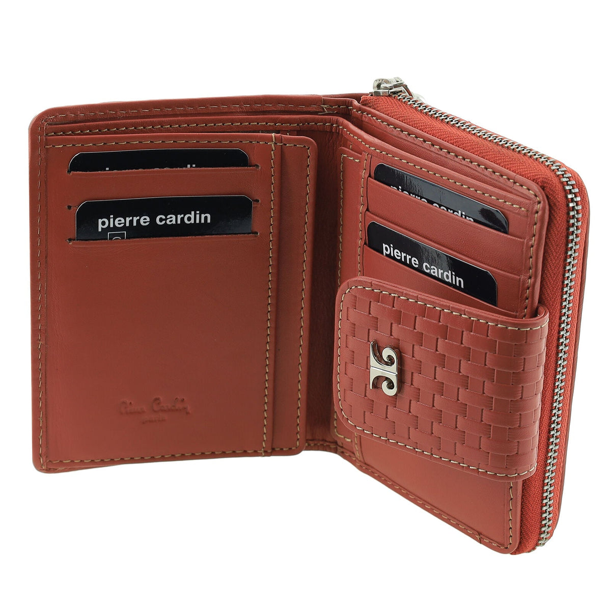 Pierre Cardin Woven Leather Zip-Around Bi-Fold Wallet with RFID Protection in Tobasco Red