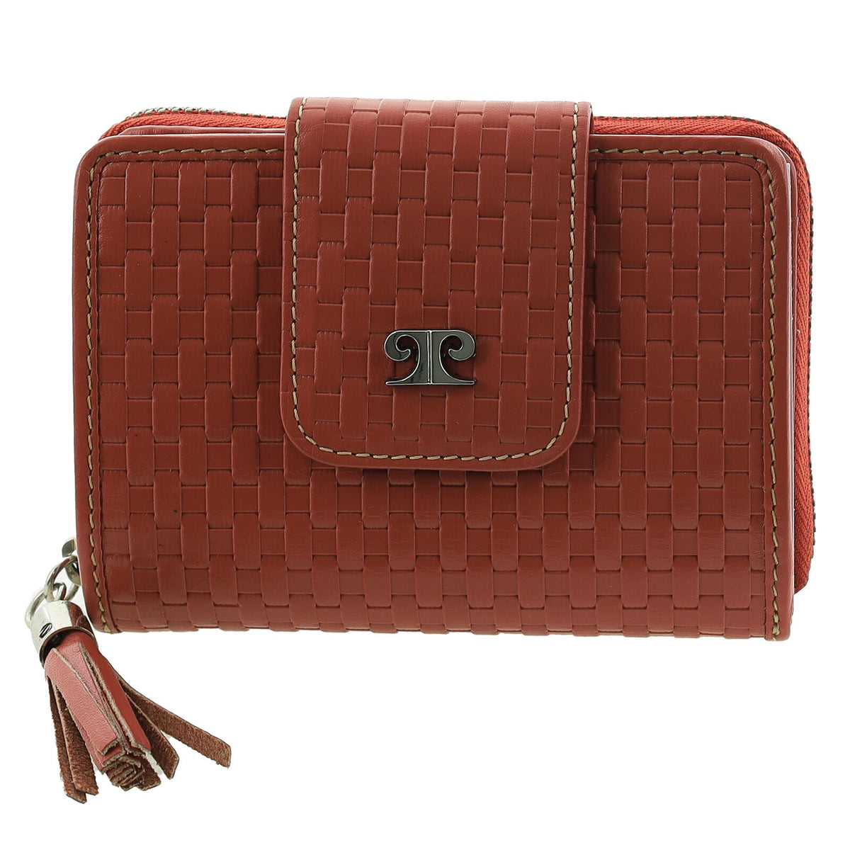 Pierre Cardin Woven Leather Zip-Around Bi-Fold Wallet with RFID Protection in Tobasco Red
