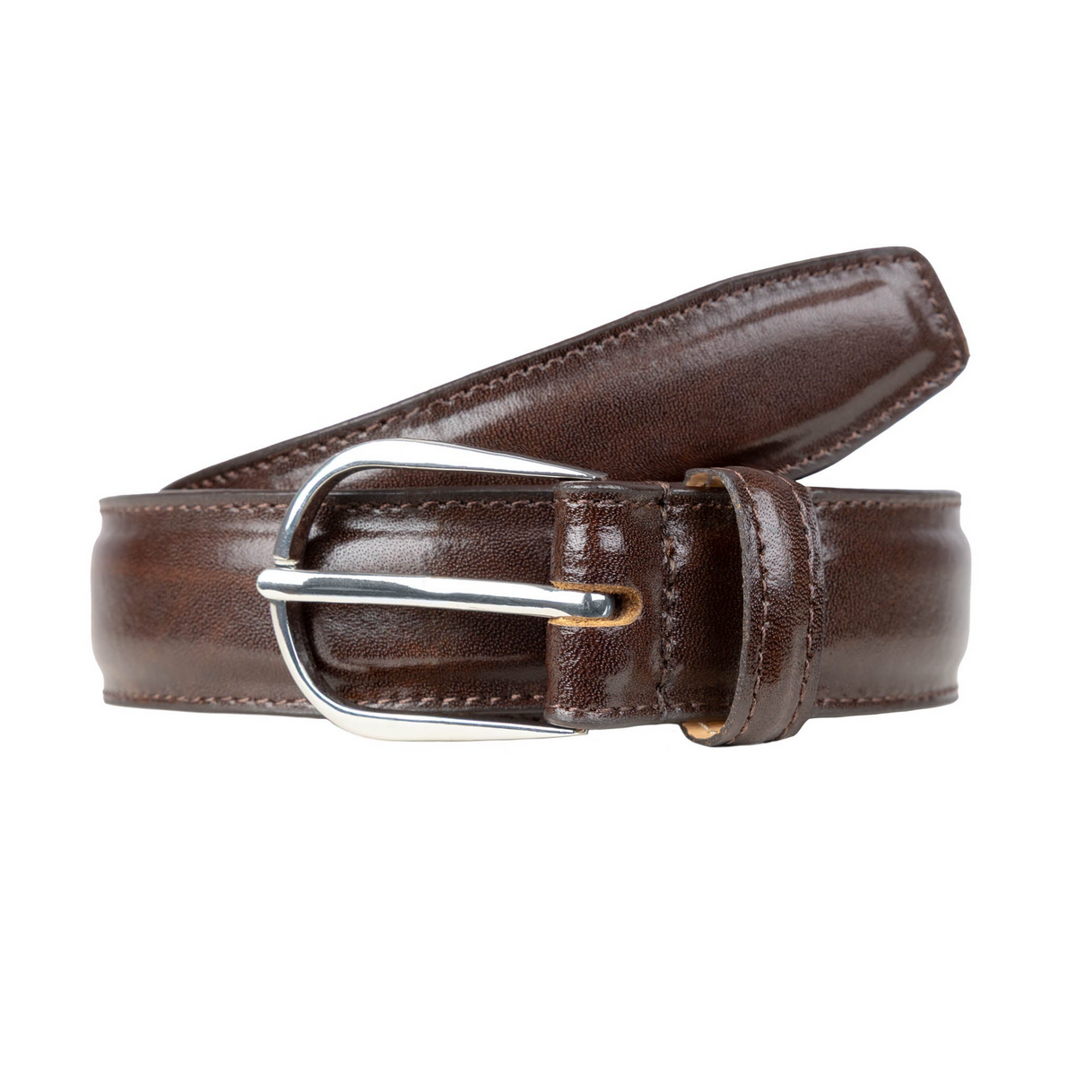 Dents Mens Heritage Lined Leather Belt with Shiny Silver Buckle and Stitched Edge in Brown