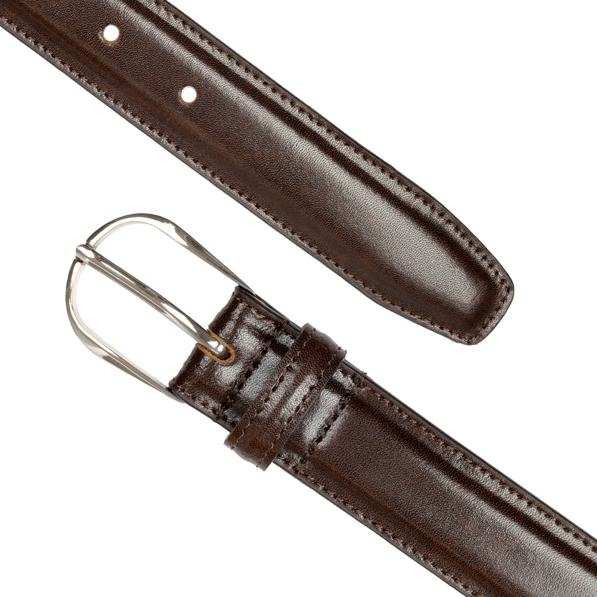 Dents Mens Heritage Lined Leather Belt with Shiny Silver Buckle and Stitched Edge in Brown