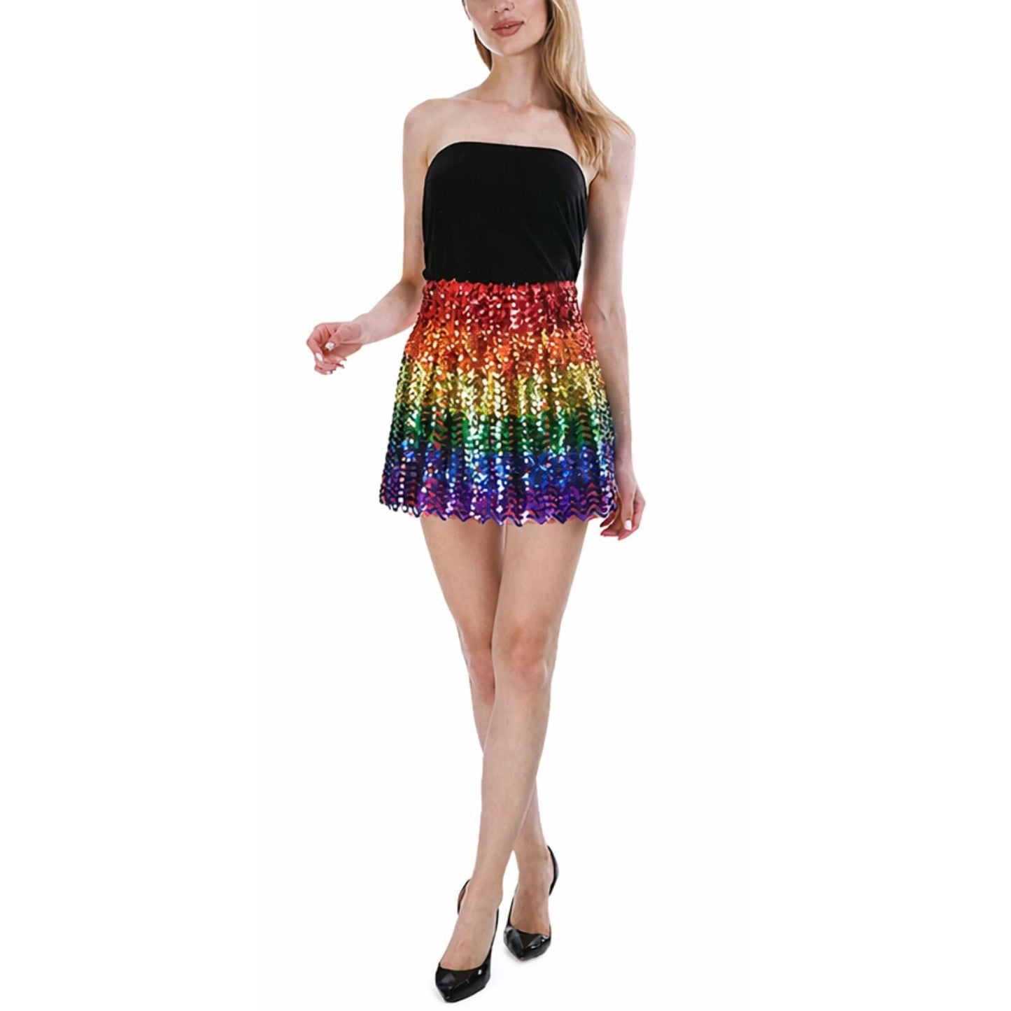 Ladies Sequin Fringe Tassel Skirt Adult Costume Dance Party Dress Up - Rainbow