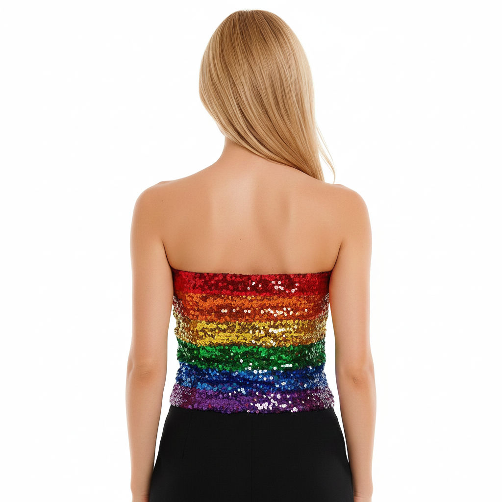 Womens SEQUIN BANDEAU CROP TOP Sparkling Sparkly Costume Tube - Rainbow