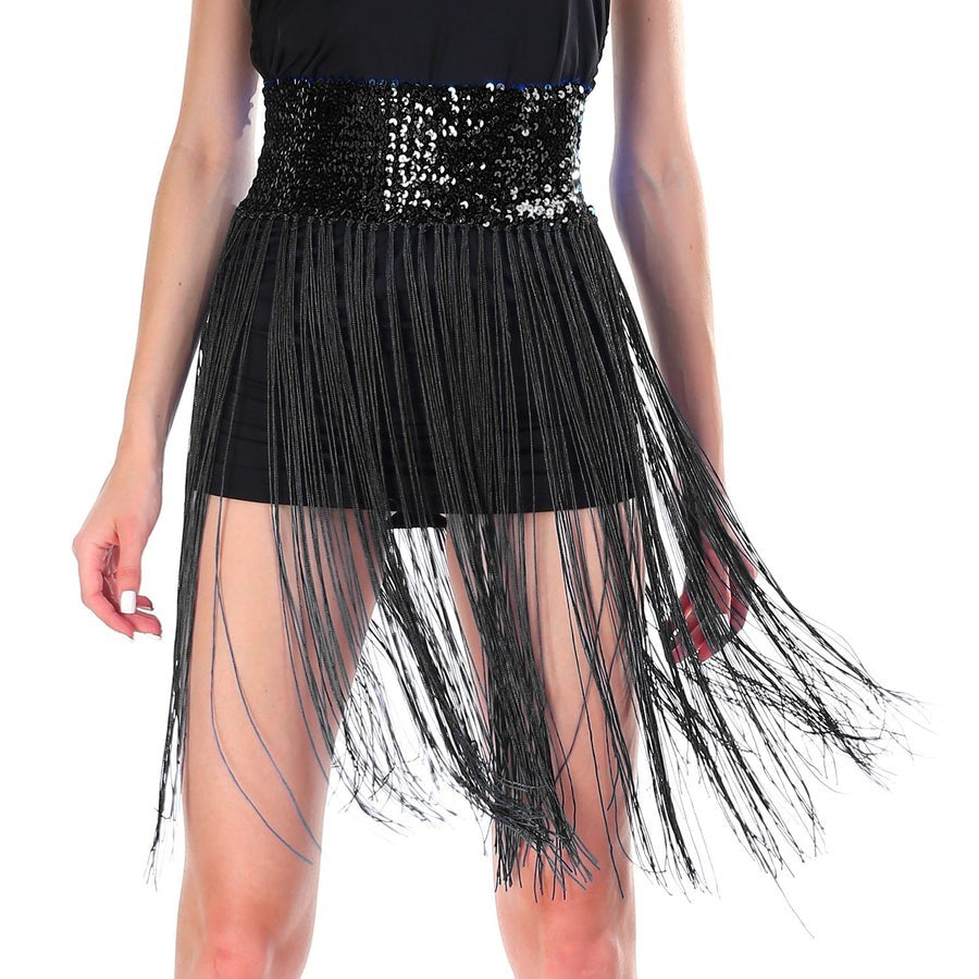 Sequin Belt w/Fringe Skirt 20s Flapper Dance Costume Party - Black-0