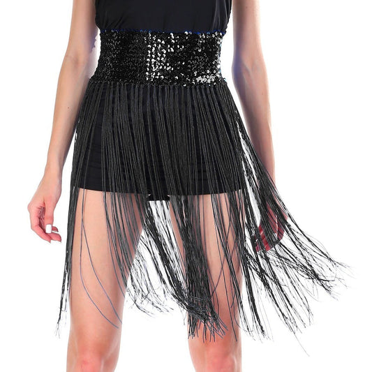 Sequin Belt w/Fringe Skirt 20s Flapper Dance Costume Party - Black-0
