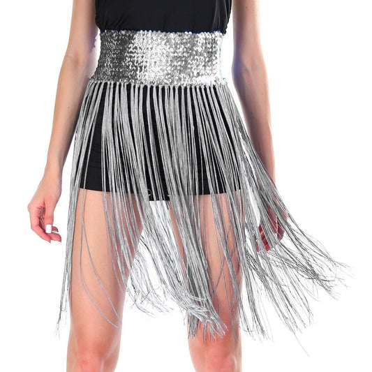Sequin Belt w/Fringe Skirt 20s Flapper Dance Costume Party  - Silver/White-0